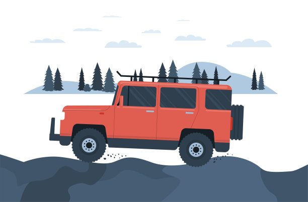越野车在山路上行驶，背景是抽象的风景。矢量插图。图片下载