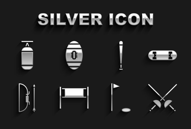 设置排球网，滑板把戏，击剑，高尔夫旗，弓和箭筒，棒球棒，拳击袋和美式足球图标。向量图片下载