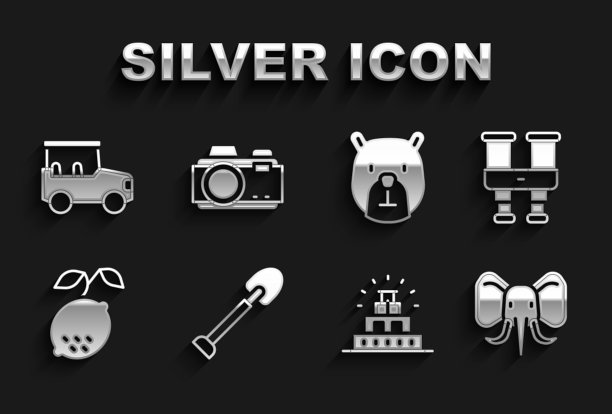 设置铲子，双筒望远镜，大象，奇琴伊察玛雅，柠檬，熊头，Safari汽车和照片相机图标。向量图片下载