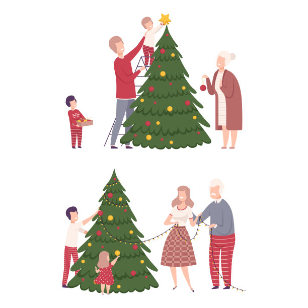 家庭装饰圣诞冷杉树与小玩意和花环矢量插图集图片下载