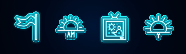 设线气象风向袋风向标，日出，天气预报和。发光的霓虹灯图标。向量图片下载