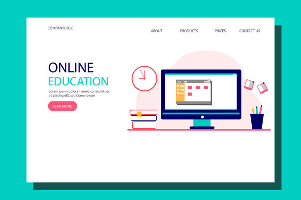 在线教育的概念与书桌，书籍，手表，铅笔和钢笔。登陆页模板，平面插图。图片下载