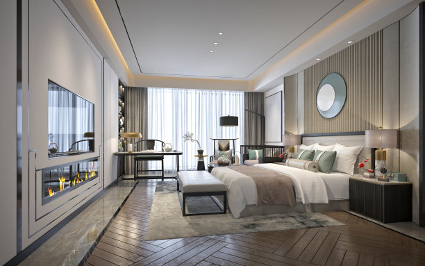 现代酒店房间的3d渲染图片下载