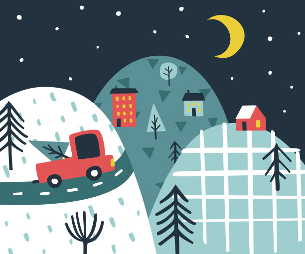 圣诞节前的冬夜抽象场景与皮卡车，山丘，房屋，树木。山谷婴儿涂鸦风格化。图片下载
