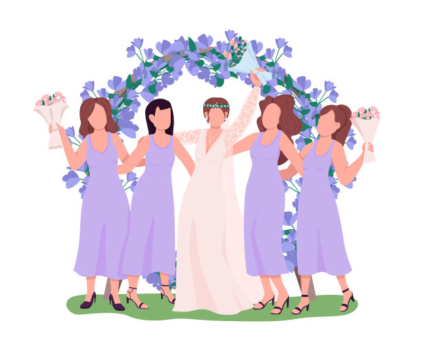 新娘与伴娘在招待会上的颜色矢量半平字符图片下载