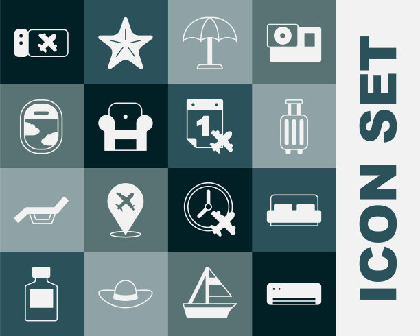 设置空调，酒店客房床，手提箱，遮阳伞，扶手椅，飞机窗口，机票和日历和飞机图标。向量图片下载