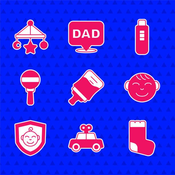 设置婴儿奶瓶，玩具车，袜子，小男孩头，盾牌上，摇铃婴儿玩具，验孕棒和婴儿床挂玩具图标。向量图片下载