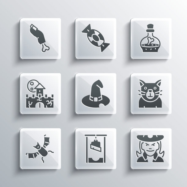 设置断头台，女巫，猫，帽子，飞行蝙蝠，城堡，要塞，僵尸手指和瓶子与药剂图标。向量图片下载