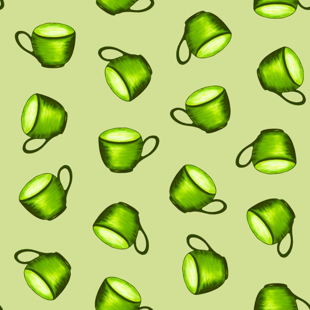 在浅色背景下的绿色咖啡或茶杯。无缝模式。水彩手绘插图菜单，广告，包装。图片下载