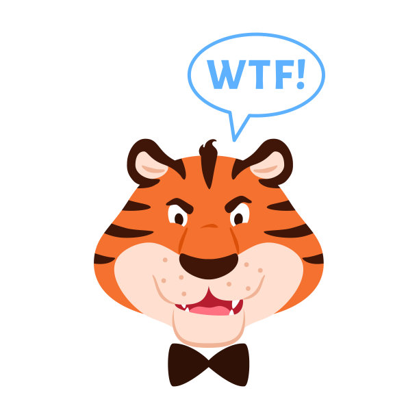 平怒咆哮的老虎嘴张着嘴，尖牙说WTF孤立在白色的背景上。前视图。可爱不满的野猫脸。动物人物卡通头部矢量插图。图片下载