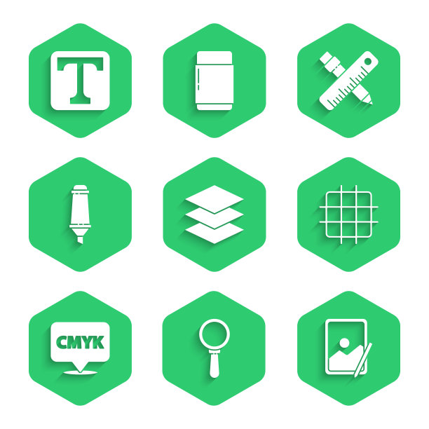 设置图层，放大镜，图形板，网格图形纸，语音气泡与文本CMYK，标记笔，交叉标尺和铅笔和文本图标。向量图片下载