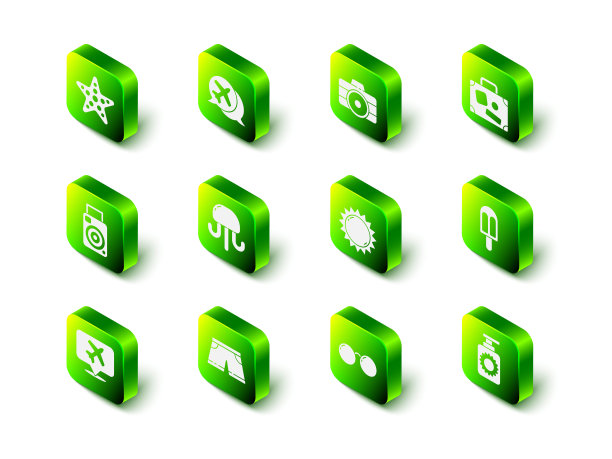 设置演讲泡沫与飞机，相机，手提箱，冰淇淋，防晒霜喷雾瓶，眼镜和泳裤图标。向量图片下载