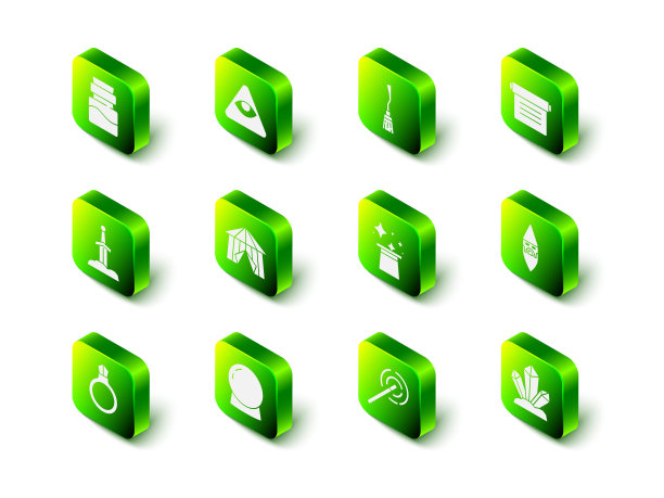 集石匠，女巫的扫帚，古老的魔法书，巫师的男巫，魔法石，帽子，魔杖和球的图标。向量图片下载