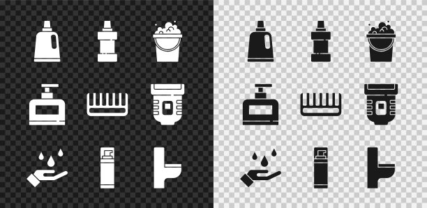 设置瓶子清洁剂，桶与肥皂泡沫，洗手，剃须凝胶泡沫，厕所碗，洗发水和发刷图标。向量图片下载