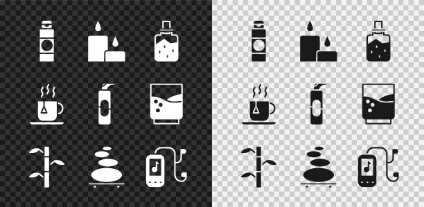 设置霜或乳液化妆品管，燃烧的蜡烛，水疗盐，竹茎叶，堆叠热石头，音乐播放器，茶茶包和喷雾造型图标。向量图片下载