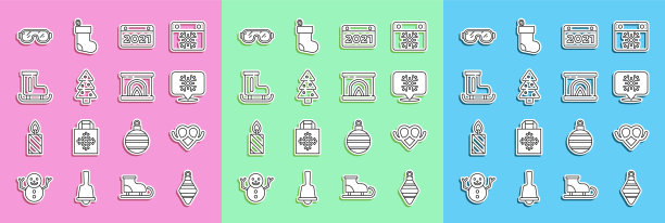 设置线圣诞球，椒盐卷饼，雪花演讲泡泡，日历，树，花样滑冰，滑雪护目镜和室内壁炉图标。向量图片下载