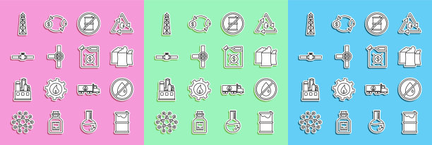 设置管路桶漏油，无滴漏，石油工业厂房，汽油桶，工业管道及阀门，消防钻机及筒体电机图标。向量图片下载