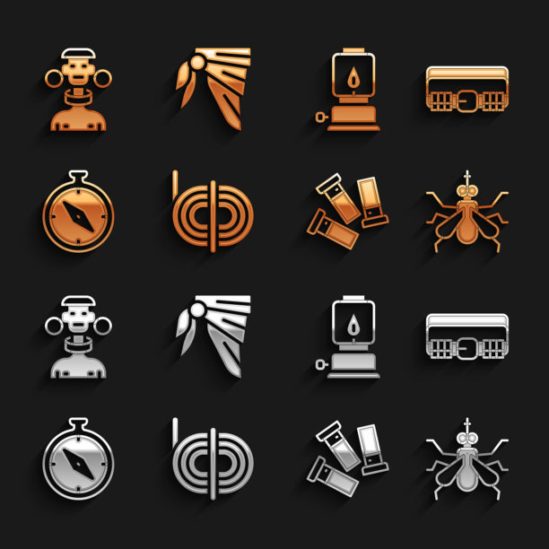 设置攀爬绳，狩猎子弹带，蚊子，子弹，指南针，野营灯，非洲部落男性和大手帕或摩托车围巾图标。向量图片下载