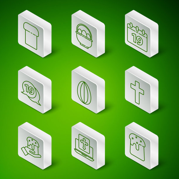 设定线复活节蛋糕，十字架在笔记本电脑屏幕上，鸡蛋，语音泡沫与快乐复活节，篮子鸡蛋，人的手和基督教的十字架图标。向量图片下载