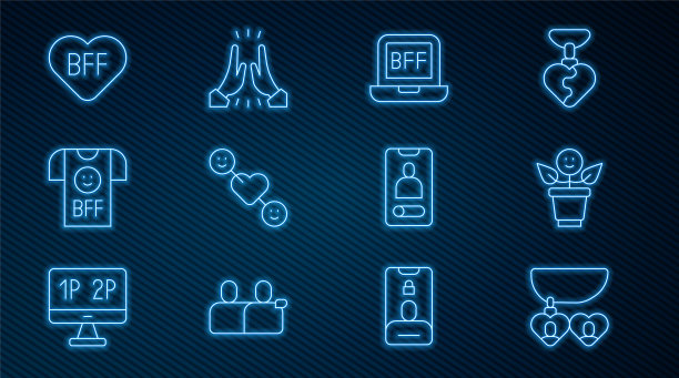 Set line项链与心形，永远的好朋友或最好的朋友，浪漫的关系，来电移动和非正式问候图标。向量图片下载