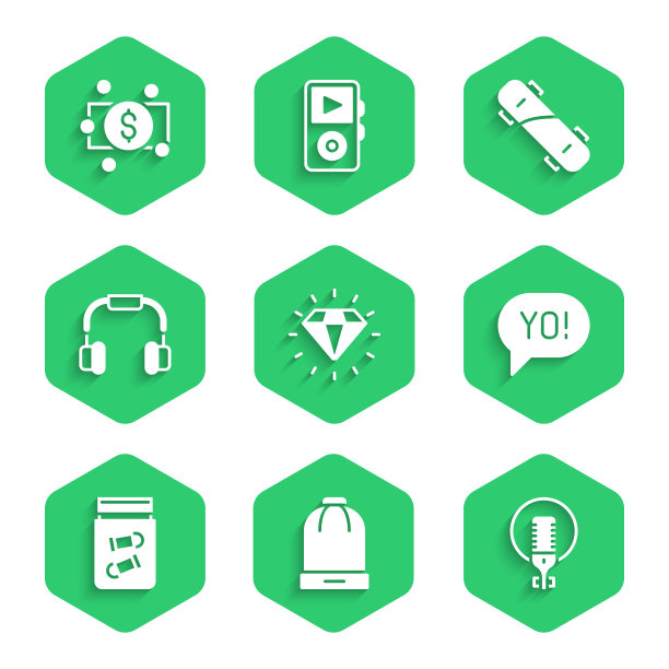 设置钻石，冬季帽子，麦克风，Yo俚语字母，证据袋与子弹，耳机，滑板和堆叠纸币现金图标。向量图片下载