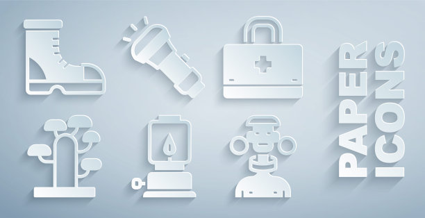 设置野营灯，急救箱，非洲树，部落男性，手电筒和猎人靴子图标。向量图片下载