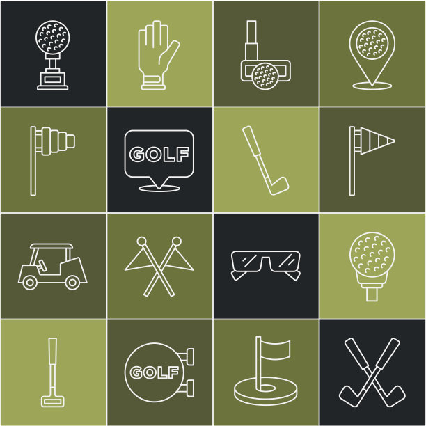 设置线越过高尔夫球杆，高尔夫球在tee，旗，与，标签，奖杯和图标。向量图片下载