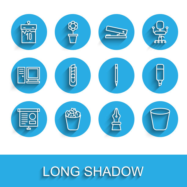 设置线黑板与图表，满垃圾桶，日历，钢笔笔尖，垃圾，文具刀，马克笔和铅笔橡皮图标。向量图片下载