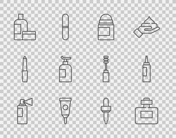 Set line香水，止汗除臭剂卷，霜乳液化妆品管，吸管和图标。向量图片下载