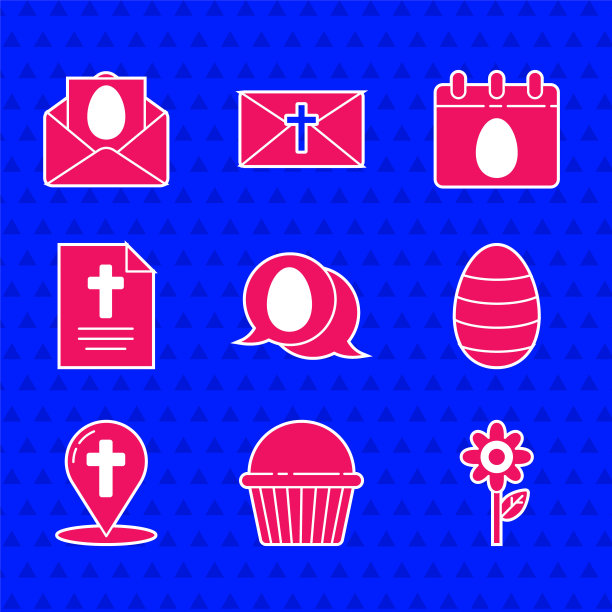 设置演讲泡沫与复活节蛋，复活节蛋糕，花，地图指针基督教十字架，贺卡快乐，日历和图标。向量图片下载