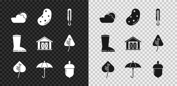 日落和云天气，土豆，气象温度计，叶子，雨伞，橡子，防水橡胶靴子和农场的图标。向量图片下载