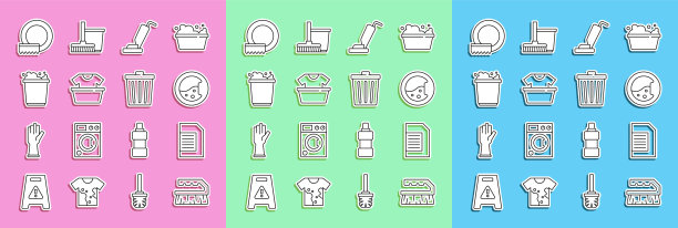设置线刷清洁，洗衣粉，洗衣机，吸尘器，盆衬衫，桶泡沫，洗碗和垃圾桶图标。向量图片下载