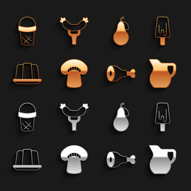 把蘑菇，冰淇淋，牛奶杯，鸡腿，果冻蛋糕，梨，华夫饼和香肠放在叉子图标上。向量图片下载