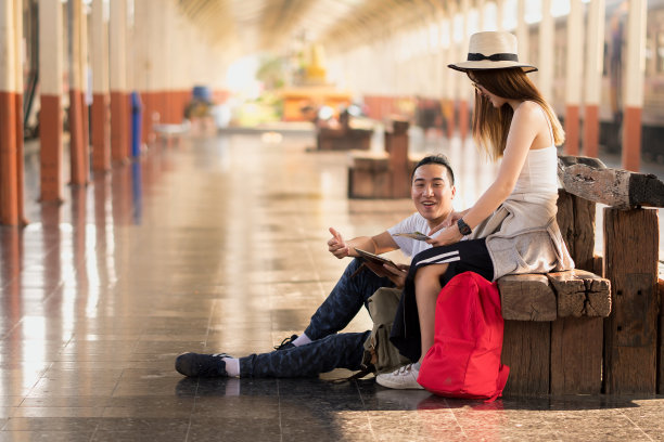 亚洲女人和男人旅行视图地图规划背包享受旅游假期。图片下载