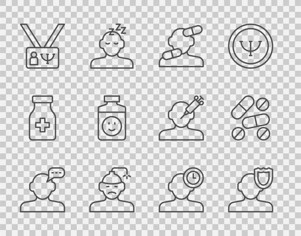 设置在线心理咨询，心理，镇静药，脑震荡，头痛，抗抑郁药，失眠和药物或药片图标。向量图片下载