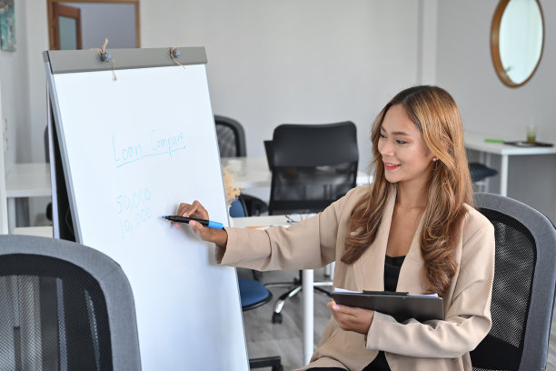 自信的女商人用马克笔在挂图上写东西。图片下载