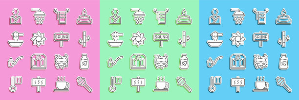 设置线蜂蜜勺棒，精油瓶，竹子，毛巾衣架，花，与碗，男人在桑拿和桑拿图标。向量图片下载