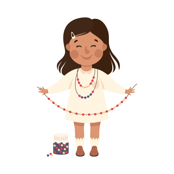 创意女孩制作珠子项链作为手工制作的项目矢量插图图片下载