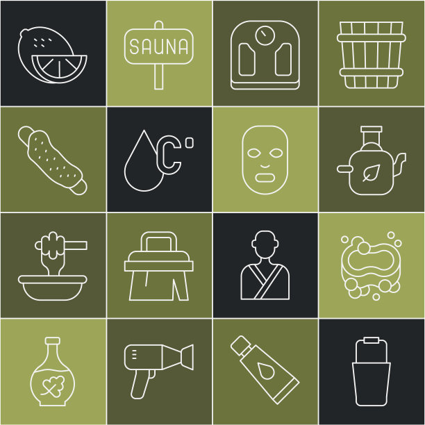设置线桑拿桶，肥皂条，茶壶与叶子，浴室秤，水温，毛巾，柠檬和面部化妆面具图标。向量图片下载