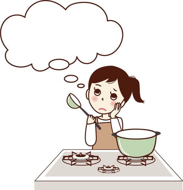 一个愁眉苦脸的年轻女子一边做饭一边思考。图片下载