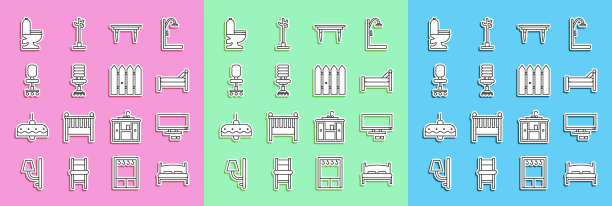 设置线大床，智能电视，床，木制桌子，办公椅，马桶碗和花园栅栏木制图标。向量图片下载