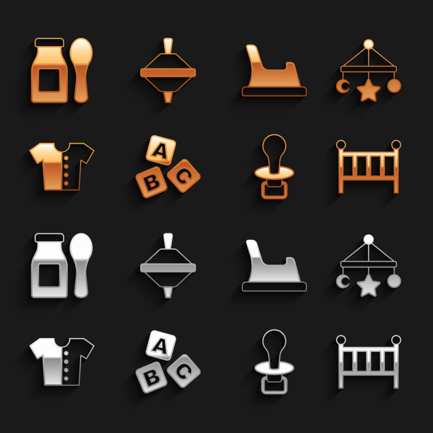 设置ABC块，婴儿床挂玩具，摇篮床，奶嘴，t恤，便盆，酸奶瓶勺子和旋转图标。向量图片下载