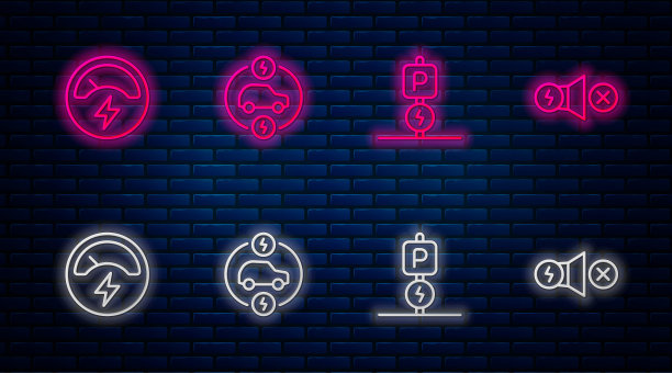 设置线路电动汽车、充电停车电动、电压表和电机。发光的霓虹灯图标在砖墙上。向量图片下载
