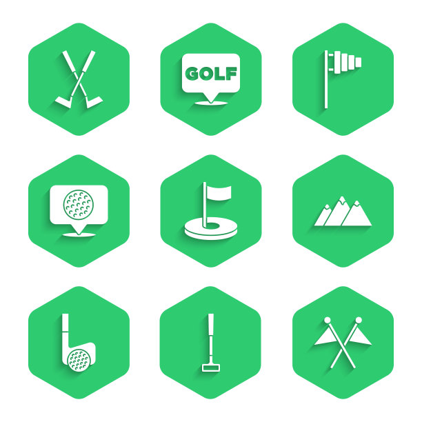 设置高尔夫洞与旗，俱乐部，山，球，标签，和交叉高尔夫图标。向量图片下载