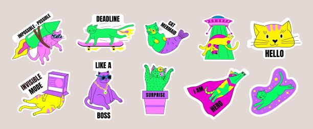 猫贴纸。抽象幻想漫画小猫徽章与饱和颜色。宠物和刻字。有趣的小猫在溜冰。动物与太空火箭或不明飞行物。向量90迪斯科孤立标签集图片下载