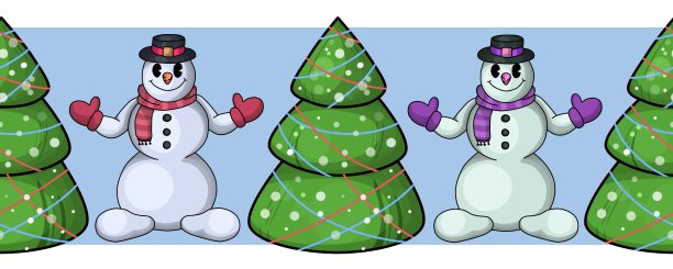 戴着彩色帽子的雪人走在圣诞树后面，纹路无缝图片下载