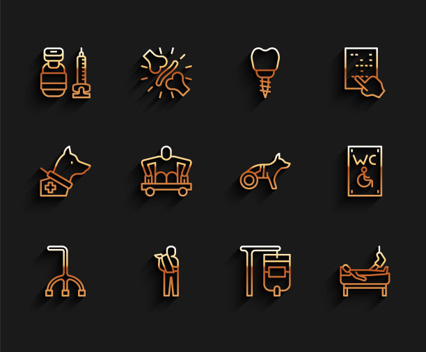 设置线拐杖，断臂人，注射器，静脉输液袋，腿病人，无腿人坐轮椅，残疾人专用厕所，狗图标。向量图片下载