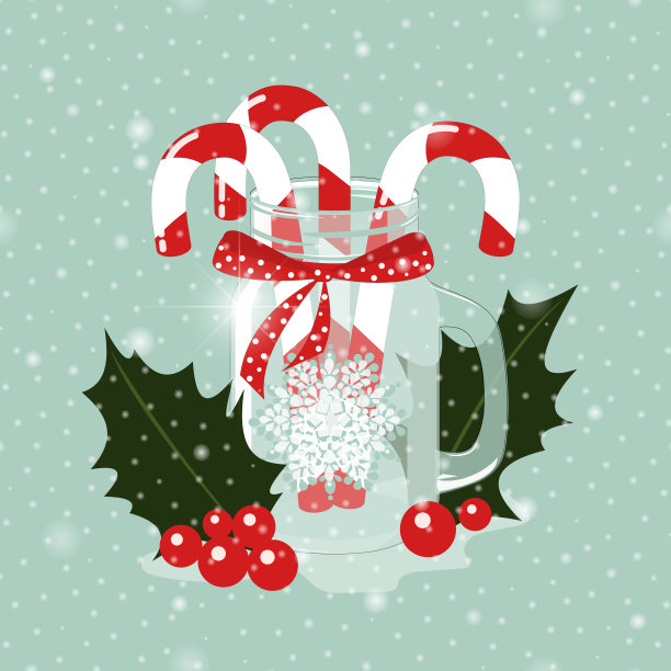 圣诞棒棒糖装在一个透明的玻璃罐里，蓝色背景上有条丝带。用冬青浆果和树叶装饰的条纹糖果。新年贺卡。向量。图片下载