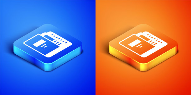 等距办公文件夹的文件和文档图标孤立在蓝色和橙色的背景。办公室的绑定。档案文件夹的迹象。方形按钮。向量图片下载