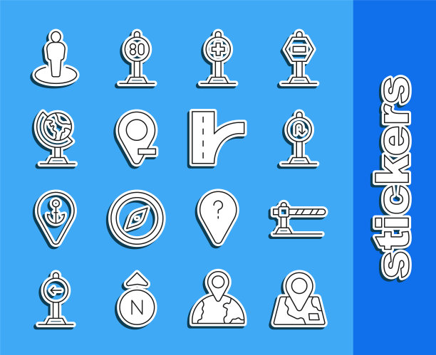 设置线折叠地图与位置标志，停车障碍，掉头路标，位置交叉医院，地球地球仪，人和道路交通图标。向量图片下载